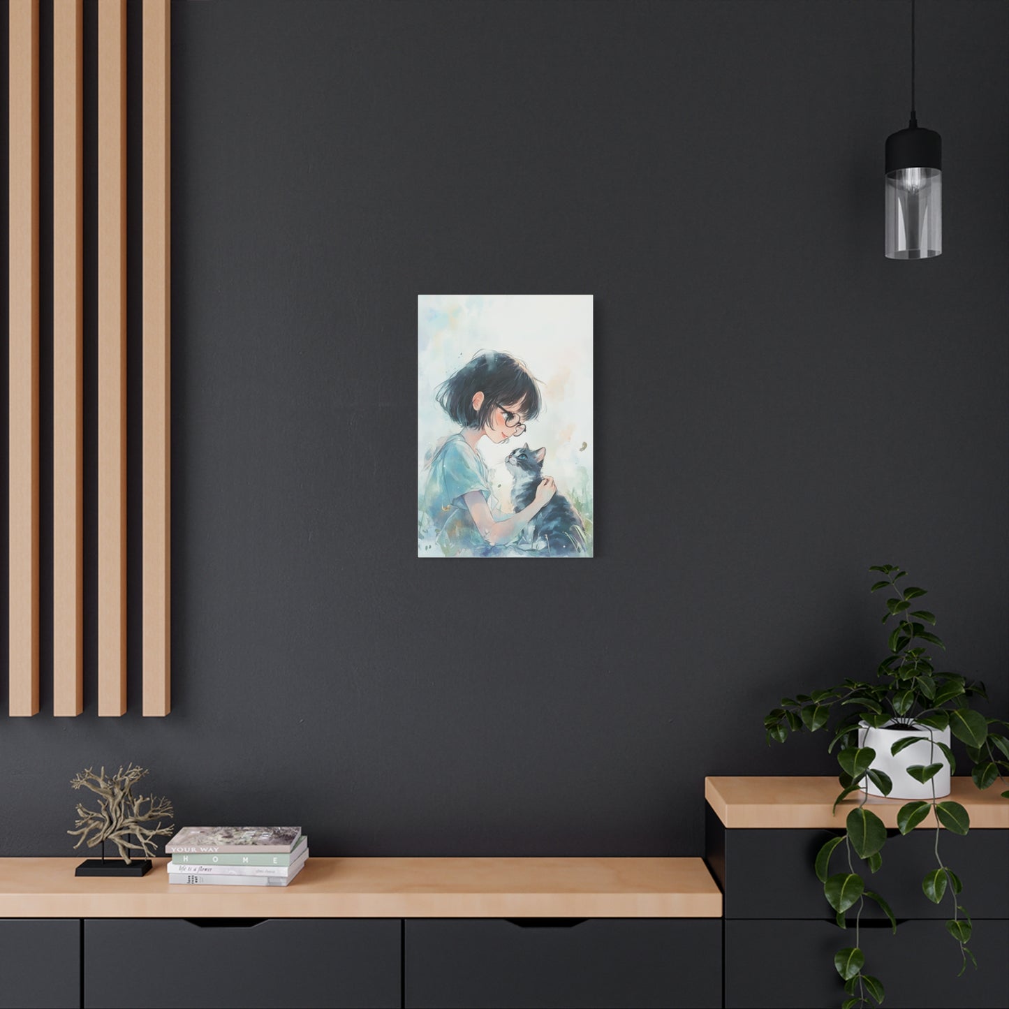 Whimsical Cat & Girl Matte Canvas Print