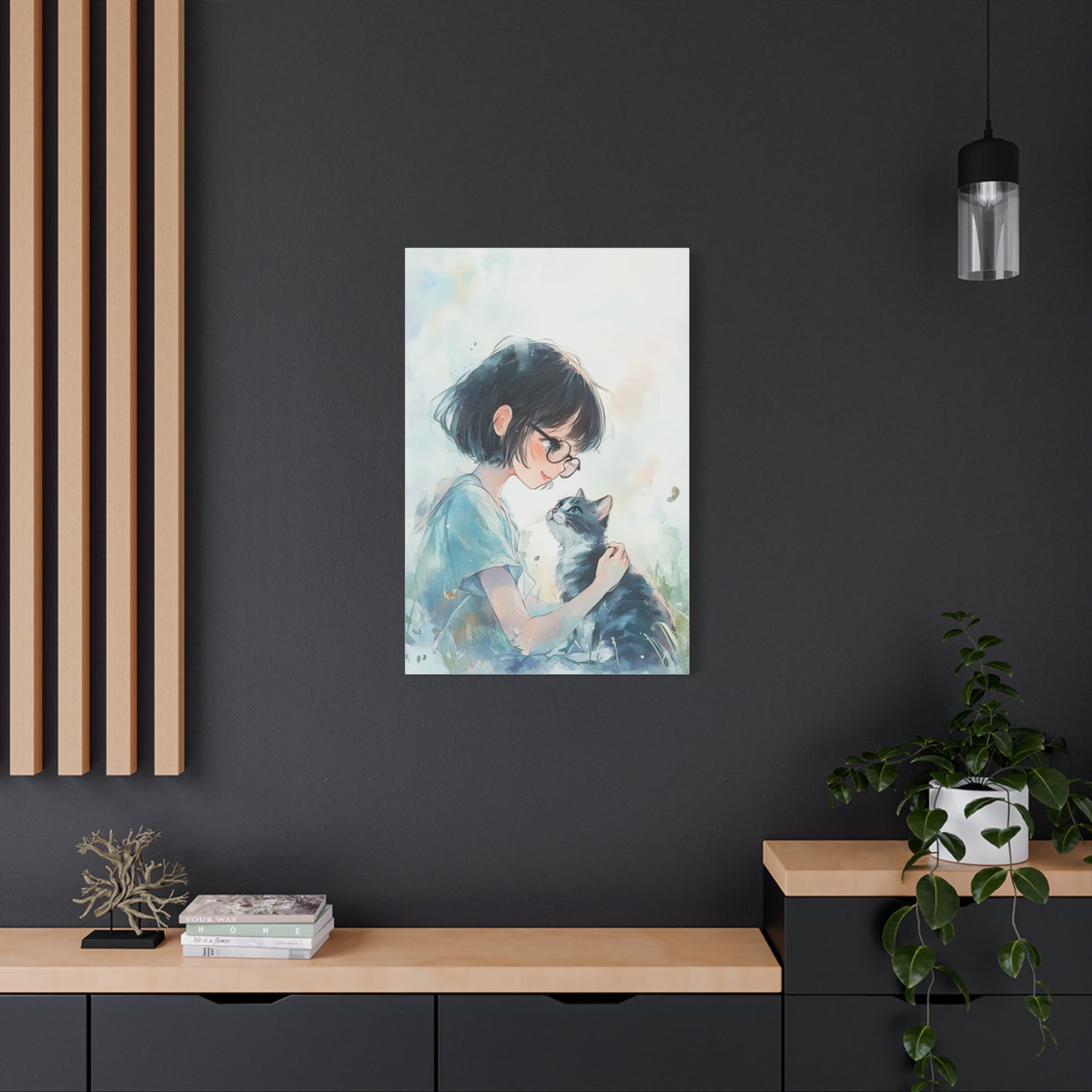 Whimsical Cat & Girl Matte Canvas Print