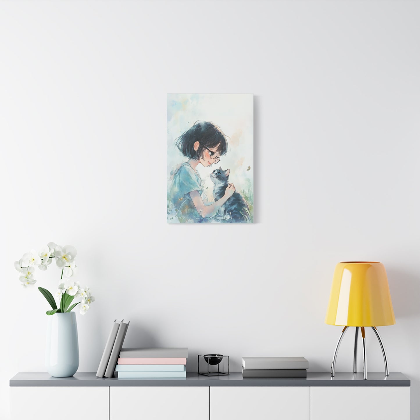 Whimsical Cat & Girl Matte Canvas Print