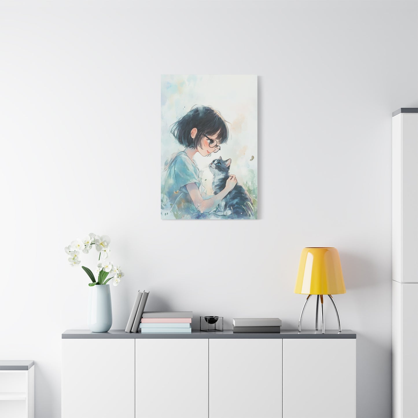 Whimsical Cat & Girl Matte Canvas Print