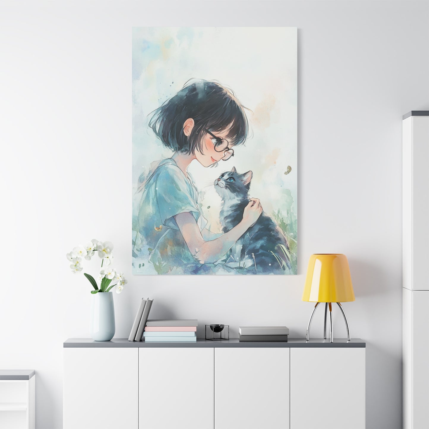 Whimsical Cat & Girl Matte Canvas Print