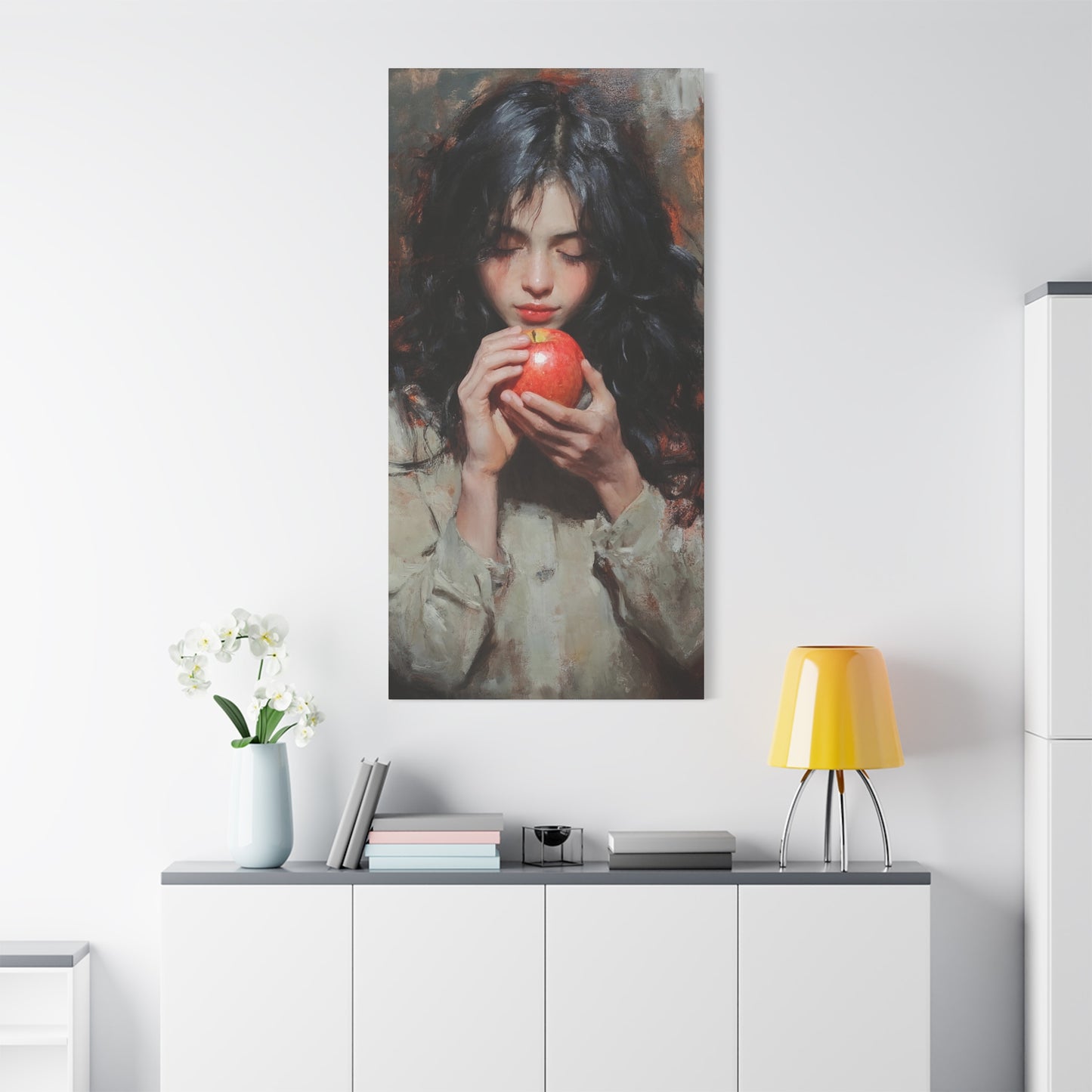 Canvas Art, Girl Holding Apple for World Peace, Stretched Matte Print, Original Art by flipmoment, Wall Decor, Home Decor,