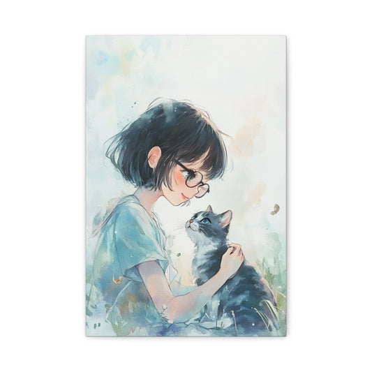 Whimsical Cat & Girl Matte Canvas Print
