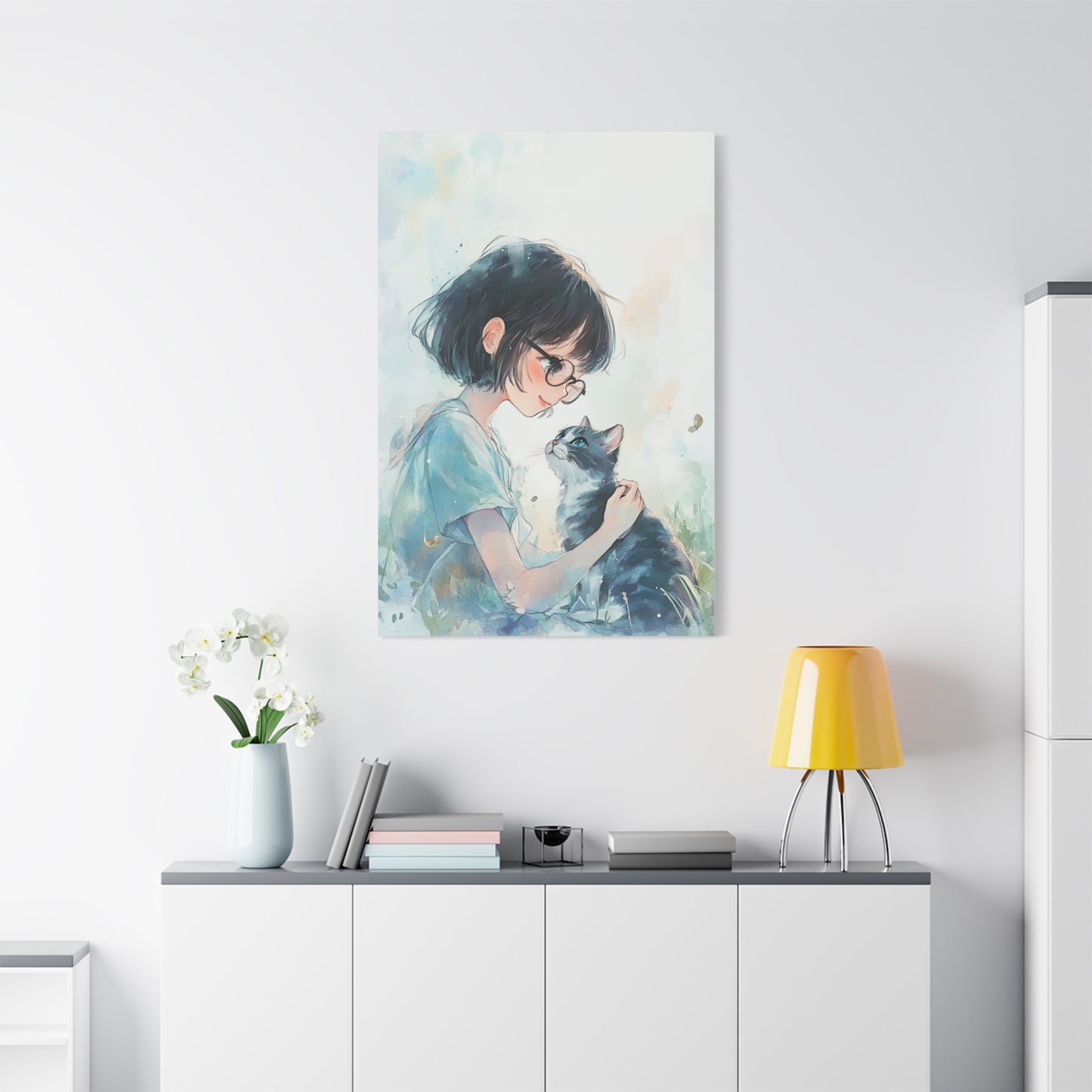 Whimsical Cat & Girl Matte Canvas Print