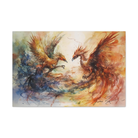 Duel of the Phoenixes Water Color Ink Canvas Art Printed