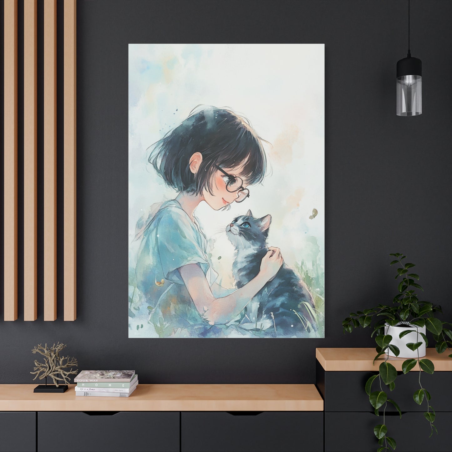 Whimsical Cat & Girl Matte Canvas Print