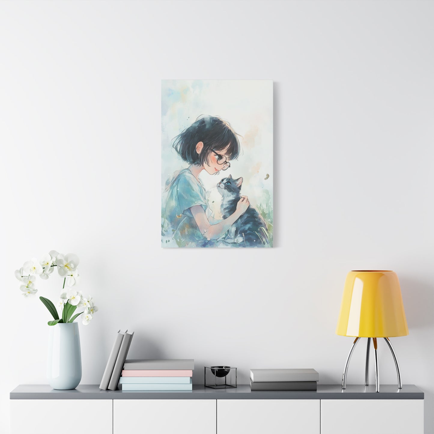 Whimsical Cat & Girl Matte Canvas Print