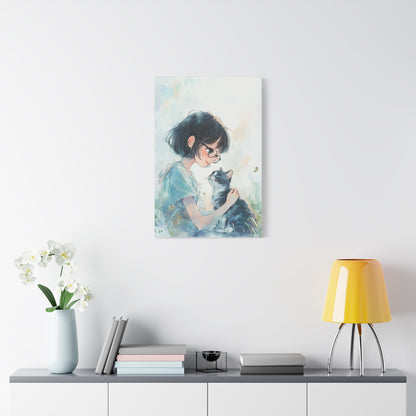 Whimsical Cat & Girl Matte Canvas Print